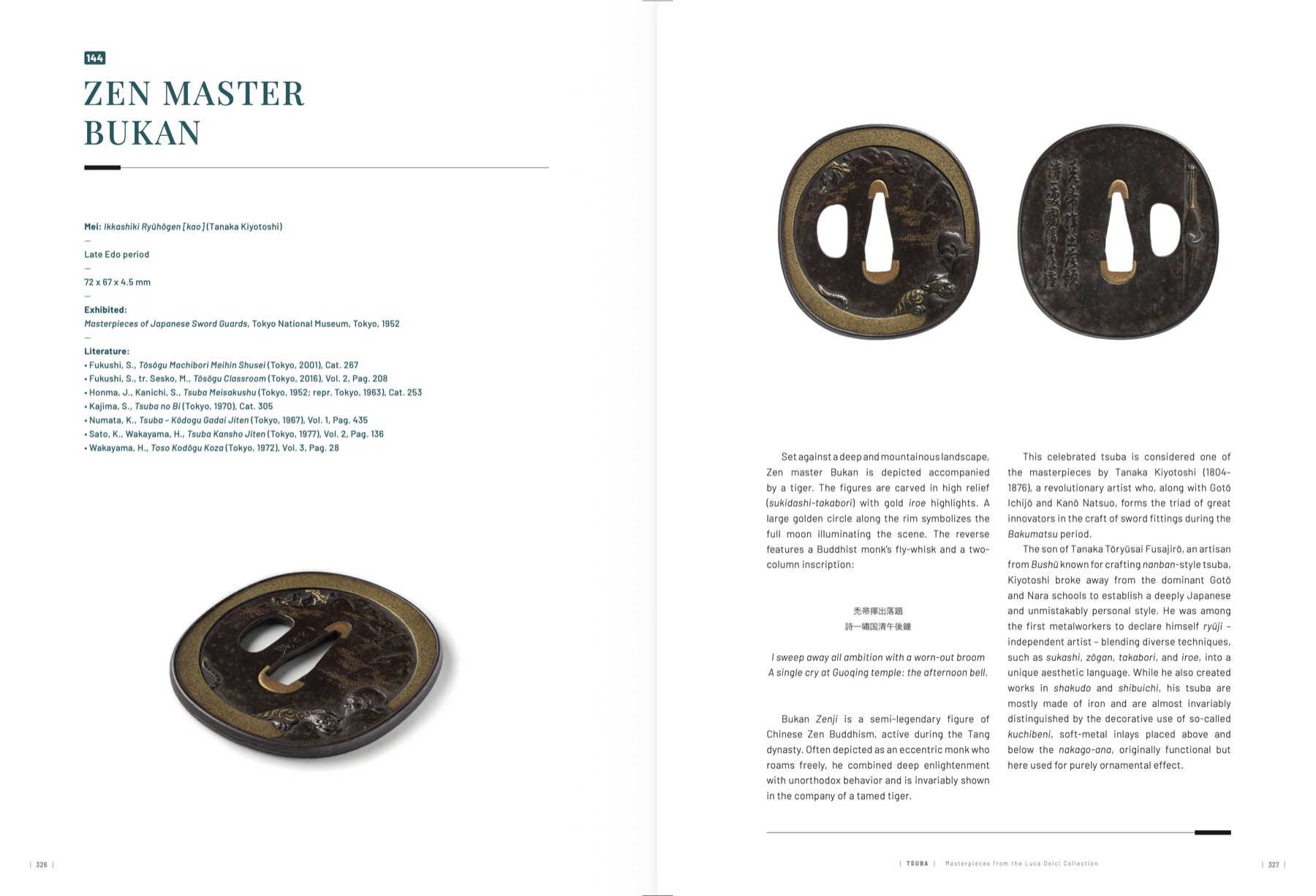 Book spread showing plate 144, a tsuba by Tanaka Kiyotoshi depicting Zen master Bukan with a tiger