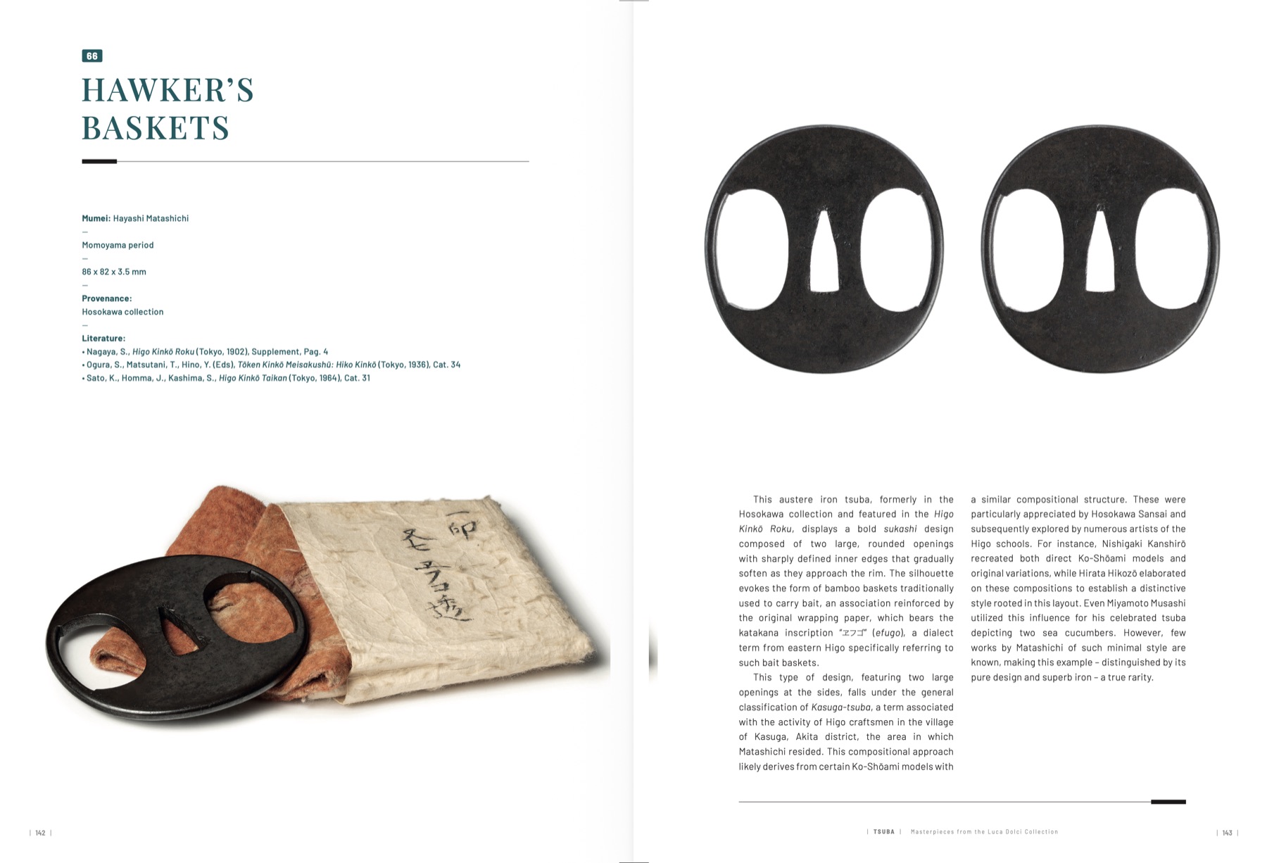Book spread showing plate 66, an iron tsuba attributed to Hayashi Matashichi with two openwork basket shapes, shown with its original wrapping paper