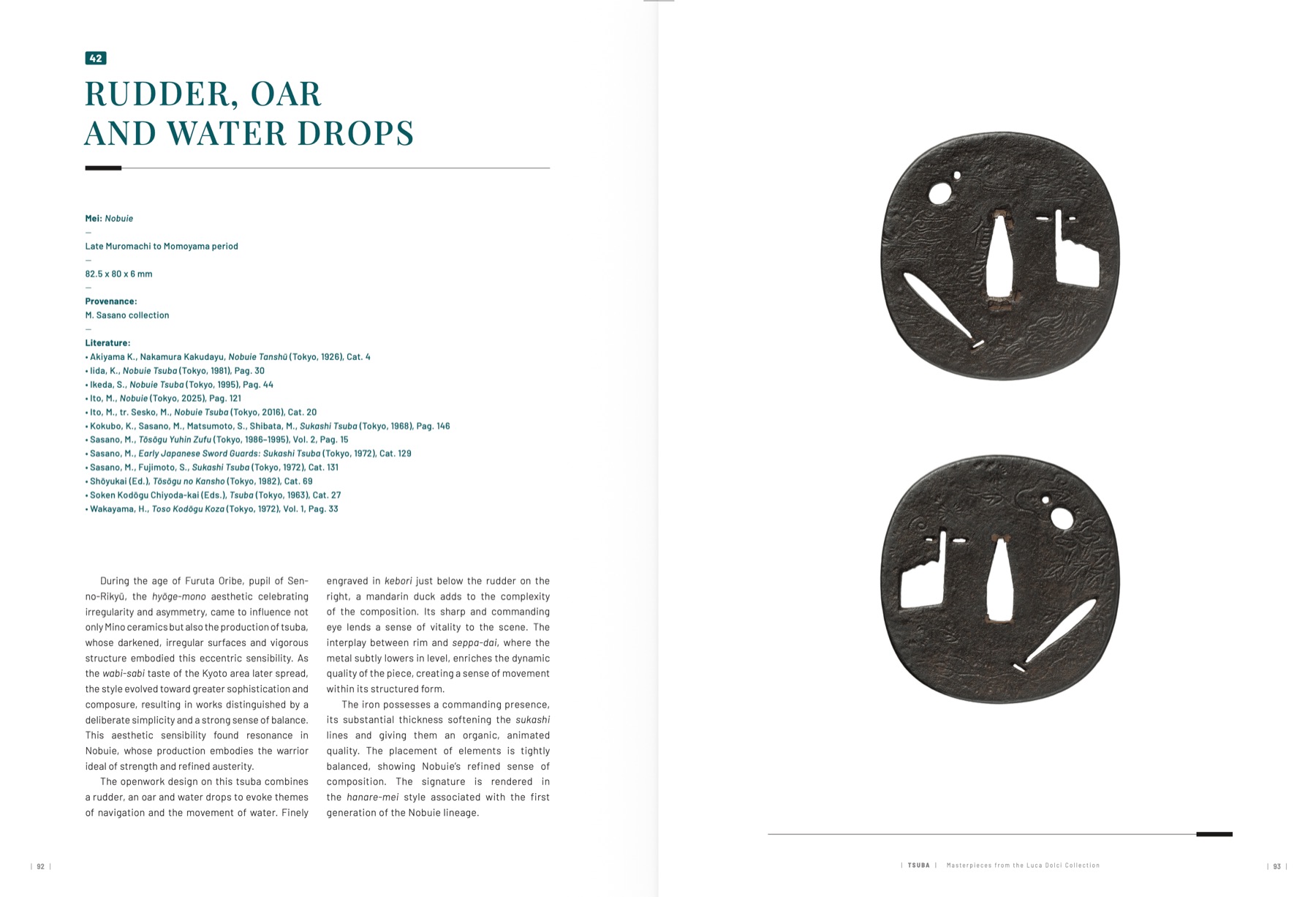Book spread showing plate 42, an iron tsuba by Nobuie with a rudder, oar and water drops design