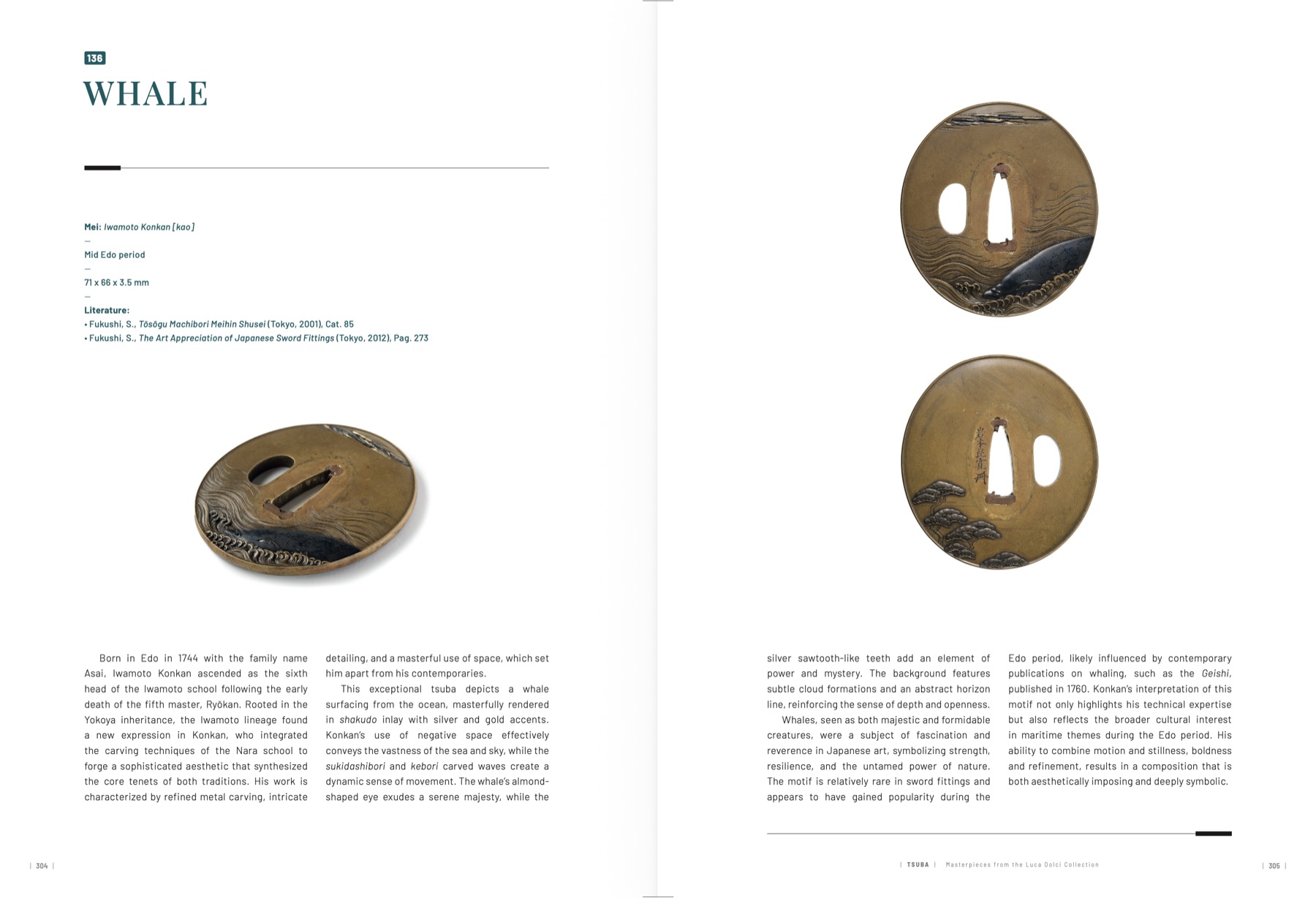 Book spread showing plate 136, a shakudo tsuba by Iwamoto Konkan depicting a whale surfacing from the ocean